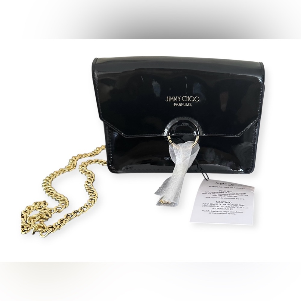 Jimmy Choo Black Patent Leather Parfum Clutch with Gold Chain
